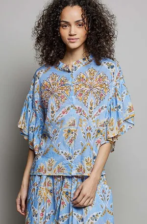 POL Floral Printed Woven Ruffle Sleeve Shirt - Large thumbnail 1