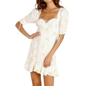 For Love & Lemons White Yellow Cherry Ashland Lace Up Mini Dress size XS NEW Tag thumbnail 2