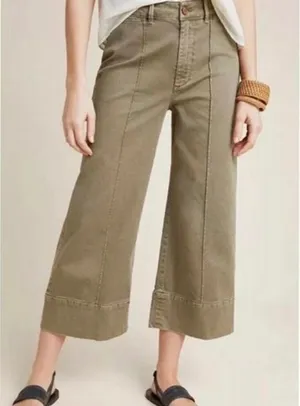 ✨ANTHROPOLOGIE Pintucked Olive Green Chino Wide Leg Cropped Sz 2 Pants✨ thumbnail 1