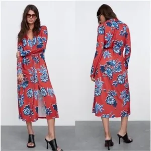 Zara Red Floral Button‎ Front Long Sleeves Midi Dress Medium thumbnail 2