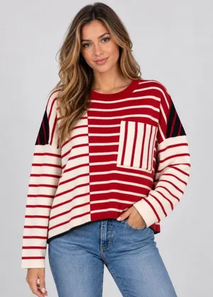 Cabi Oversized Pullover Sweater Picnic Red White Black Striped Pocket Size Small thumbnail 1