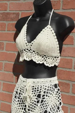 Crochet Two Piece Beach Set Size Small White thumbnail 4