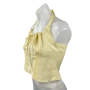 ASTR The Label Yellow Halter Pintucked Smocked Tie Sleeveless Crop Top Size S thumbnail 2