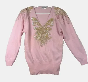 Vintage Simply‎ Tops Sweater Womens Small Pink V Neck Beaded Sequin Angora 80s thumbnail 1