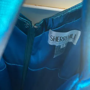 Sherri Hill Metallic Teal One-Shoulder Pleated Evening Gown thumbnail 4