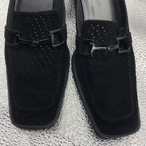 Stuart Weitzman black suede pinhole loafer heels thumbnail 3