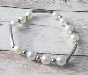 Silver Tone & Faux Pearl Stretch Bracelet thumbnail 1
