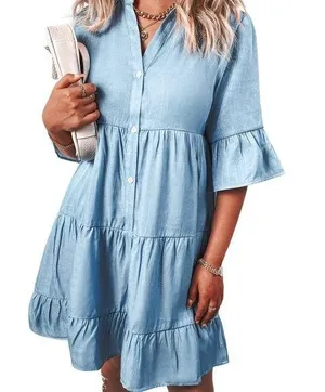 Buttoned front tiered mini dress thumbnail 1