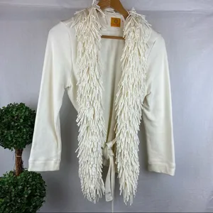 Ruby Rd. Ivory Fringe Trim Cotton Cardigan Tie Ponte Knit Sweater M thumbnail 2