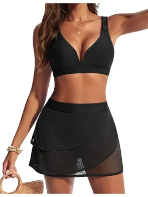 Hanna Nikole 2 PCS High Waist Bikini Tummy Control Black Swimsuit Skirt LARGE thumbnail 1
