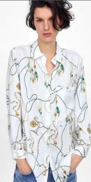 Zara Button Down Nautical Chain Printed Long Sleeve‎ Blouse White Size Small thumbnail 1