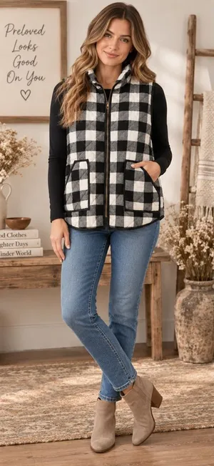 Black & White Buffalo Plaid Quilted Vest - Classic Layering thumbnail 1