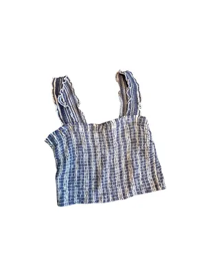 Hollister NWT Blue & White Striped Smocked Ruffle Lettuce Edge Strap Crop Top thumbnail 2