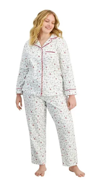 NWT Charter Club Printed Flannel Pajama Set Delicate Cardinal White Multi 1X thumbnail 1