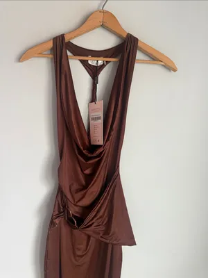 NEW Oh Polly Multiwear Cowl Neck Wrap Over Evening Gown in Chocolate Brown 4 thumbnail 4