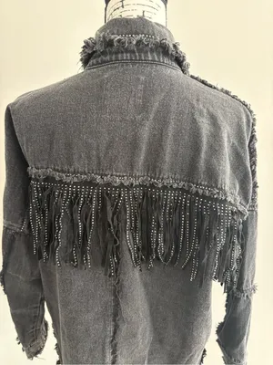 Zara Black Denim Rhinestone Fringe Oversized Jacket Size S thumbnail 3