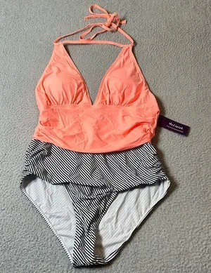 Holipick‎ Swimsuit Womens L Peach Black Sleeveless Lace One Piece Bikini NEW thumbnail 1