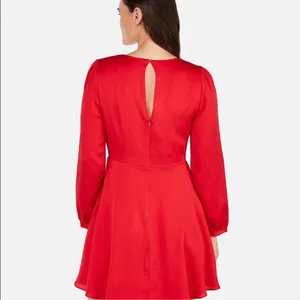 Express Satin Long Sleeve Surplice Fit and Flare Blouson mini Dress Red sz Small thumbnail 2