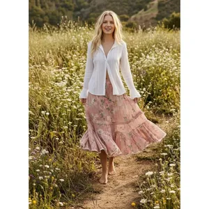Free People Ethereal Dainty Cottage Prairie Bordeaux Floral Maxi Skirt Large thumbnail 4