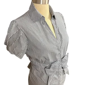 Poplin M Striped‎ Bow Waist Puff Sleeve Buttoned Blouse Frenchgirl Coquette thumbnail 2