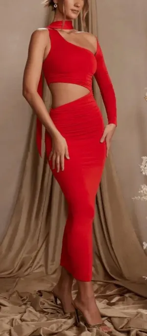 Oh Polly Adoria Single Sleeve Red Cutout Midi Maxi Dress US 6 thumbnail 1