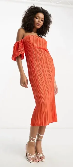 ASOS Plissé Off-The-Shoulder Midi Dress Crinkle Puff Sleeve Size 10 thumbnail 1