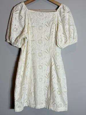 Free People Daniella Eyelet Mini Dress Women's 2 Ivory Puff Sleeve Boho Cotton thumbnail 12
