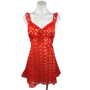 Fab'rik Red Floral Lace Embroidered V Neck Ruffle Sleeve A Line Mini Dress L thumbnail 2