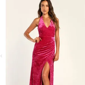 NWT LULUS Alluring Elegance Hot Pink Crushed Velvet Halter Maxi Dress Pink XS thumbnail 3