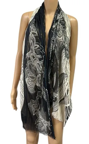 Source Unknown Rayon Scarf Wrap Sarong Black Metallic Gold Cream 22 x 72 Inches thumbnail 1