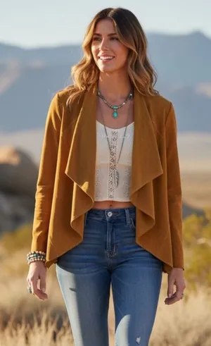 Coldwater Creek 100% Leather‎ Open Front Jacket Women's S Tan Western Boho thumbnail 1