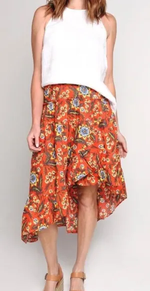 Joie Clarke Floral High Low Midi Skirt Salsa Orange Red Blue Yellow Size XS thumbnail 1