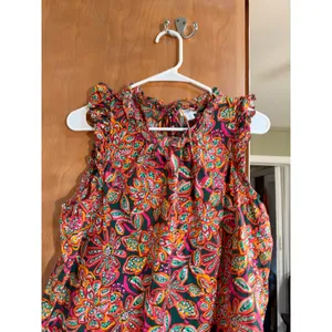 J. Crew Factory Women's Size Medium Sleeveless Ruffle Top Dark Green Pink Orange thumbnail 3