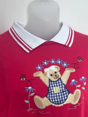 Vintage Red Crewneck Sweater Teddy Bear White Polo Collar size large thumbnail 2