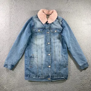 Y2K Longline Denim Jacket Women 4 Pink Faux Fur Collar Fleece Lined Boyfriend thumbnail 1