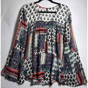 Massini Womens Large Patchwork Paisley Bell Sleeve Boho Peasant Blouse Top thumbnail 3