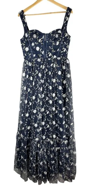 Lulus Gala Invite Navy Blue Embroidered Tulle Bustier Maxi Dress Large thumbnail 1