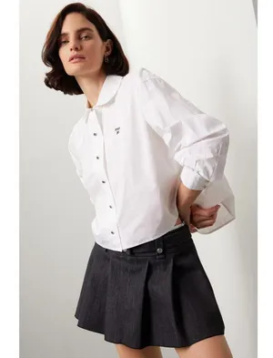 MAJE White 100% Cotton Cropped Button Up Long Sleeve Collared Shirt Size 2 thumbnail 2