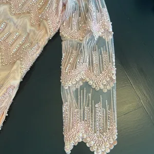 Peach Pink Beaded Sequin‎ High Low Formal Dress Long Sleeve Pearl Detail Gown thumbnail 9