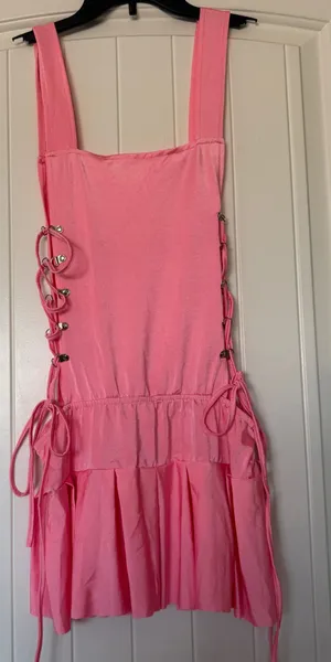 Barbiecore Pink Lace-Up Mini Dress 💕 Y2K Corset Style Side-Tie Stretch Sundress S/M thumbnail 1
