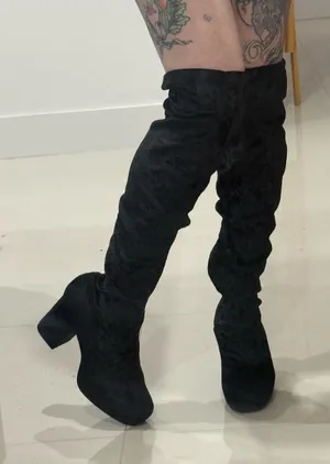 Truffle Collection Black Crushed Velvet Over-the-Knee Block Heel Boots thumbnail 1