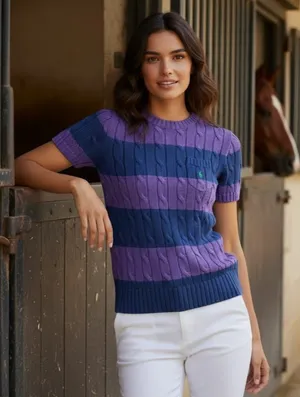 NWT Polo Ralph Lauren Striped Cable-Knit Short-Sleeve Sweater in Purple Navy XS thumbnail 1