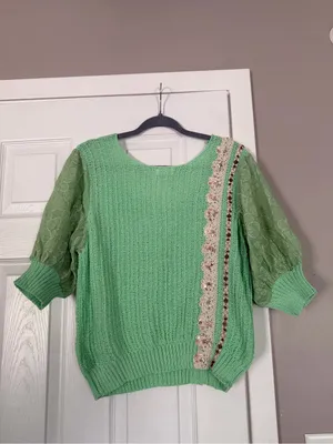 POL Mint Green Puff-Sleeve Knit Top with Lace Trim thumbnail 8