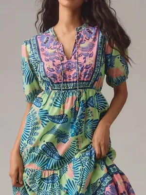 Farm Rio Short Sleeve Tiered Floral Midi Dress in Size Small Anthropologie thumbnail 3