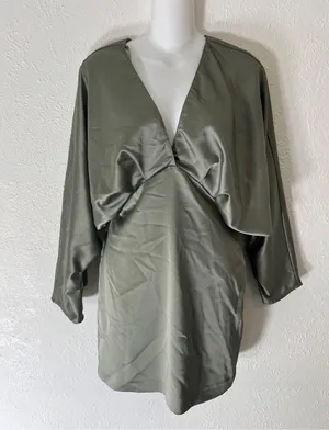 Womens S Voluminous Sleeve Satin Effect Dress Deep V-Neck Green Open thumbnail 3