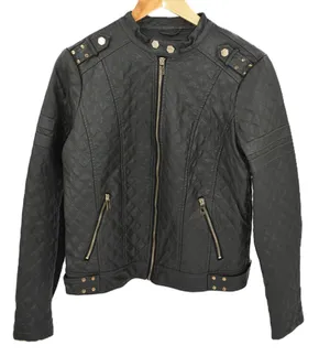 Coffee shop Womens Black Quilted Moto Jacket Studded Shoulder Zip‎ Up thumbnail 1