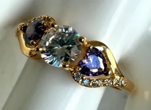 Gold Tone Cubic Zirconia Ring Heart Purple Stones thumbnail 1