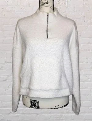 Nordstrom RDI LG Womens White Cropped Quarter Zip Pullover Teddy Sweatshirt NWOT thumbnail 2