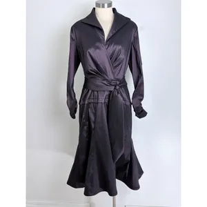 Tadashi Collection 14 Dark Purple Satin Wrap Midi Dress Ruched Cuffs thumbnail 5