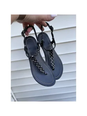 Audrey Brook women’s flat leather woven thong sandals braided black Sz 7 thumbnail 2